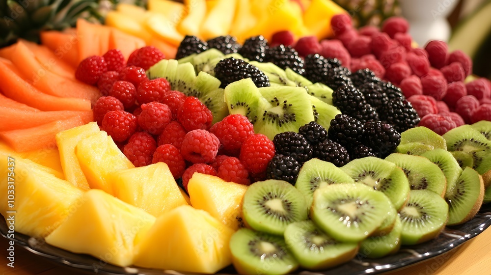A fresh fruit platter, with an assortment of berries, melon, kiwi, and pineapple slices.
A fresh fruit platter, with an assortment of berries, melon, kiwi, and pineapple slices.