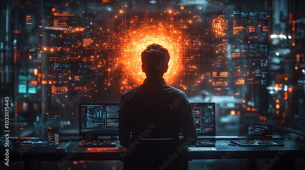 A man sits at a computer in a futuristic workspace, facing a digital display showing a glowing sphere surrounded by lines of code. A man sits at a computer in a futuristic workspace, facing a digital display showing a glowing sphere surrounded by lines of code.