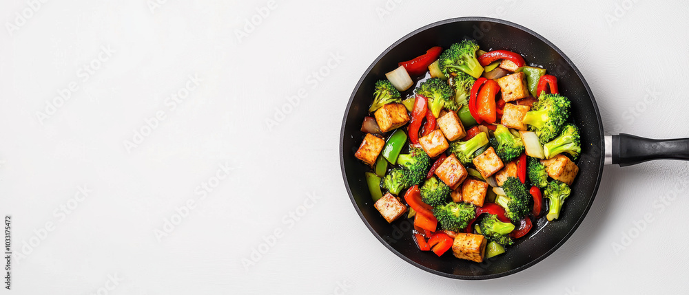 A vibrant stir-fry featuring colorful veggies and tofu in a black skillet, highlighting fresh ingredients on a clean background. A vibrant stir-fry featuring colorful veggies and tofu in a black skillet, highlighting fresh ingredients on a clean background.