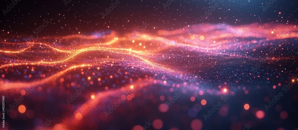 Abstract digital landscape with glowing particles and waves in vibrant colors. Abstract digital landscape with glowing particles and waves in vibrant colors.