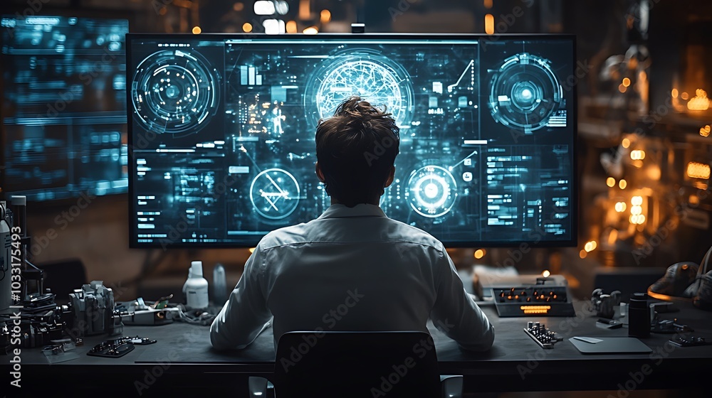 A man in a white shirt sits at a desk in front of a large computer screen displaying various data. A man in a white shirt sits at a desk in front of a large computer screen displaying various data.