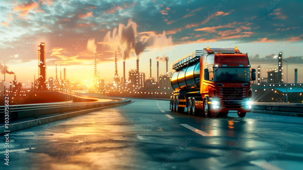 Obraz premium The oil truck tanker, fuel truck on highway at sunset with oil refinery background.