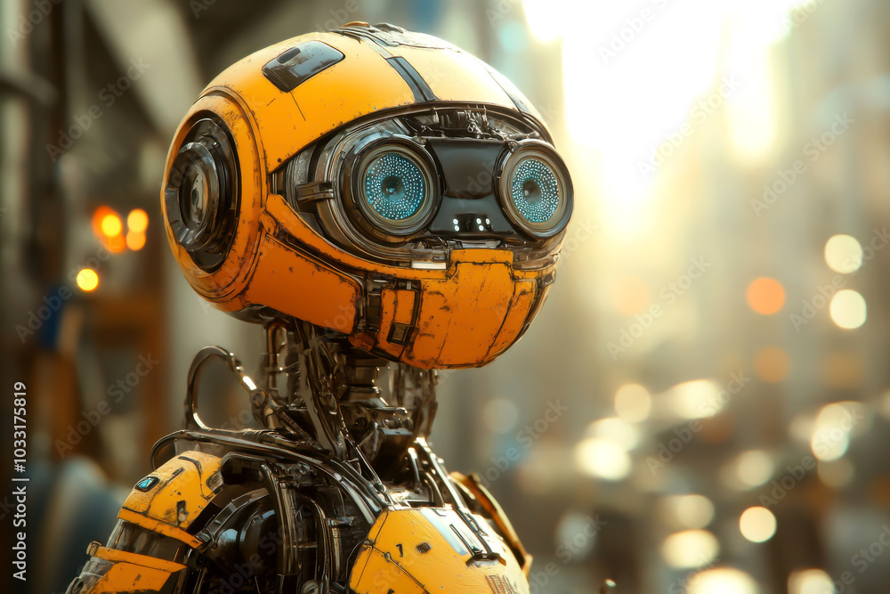 A charming robot with yellow accents stands in a futuristic city, exuding warmth and curiosity amidst a vibrant urban backdrop. A charming robot with yellow accents stands in a futuristic city, exuding warmth and curiosity amidst a vibrant urban backdrop.