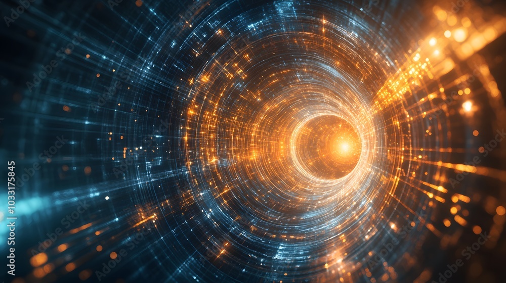 Obraz premium Abstract Digital Tunnel with Glowing Orange and Blue Lines