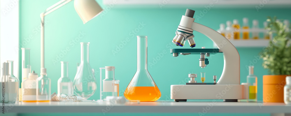 Microscope and Chemical Bottles in Laboratory Microscope and Chemical Bottles in Laboratory