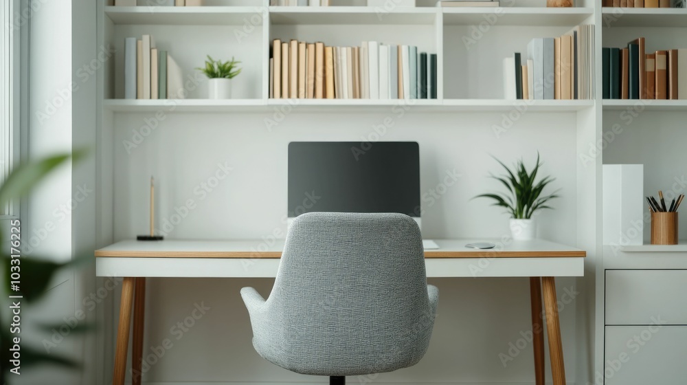 Fototapeta premium Cozy and modern home office interior featuring a comfortable ergonomic chair sleek desk and a stylish bookshelf filled with books and decor creating a productive and inspiring workspace