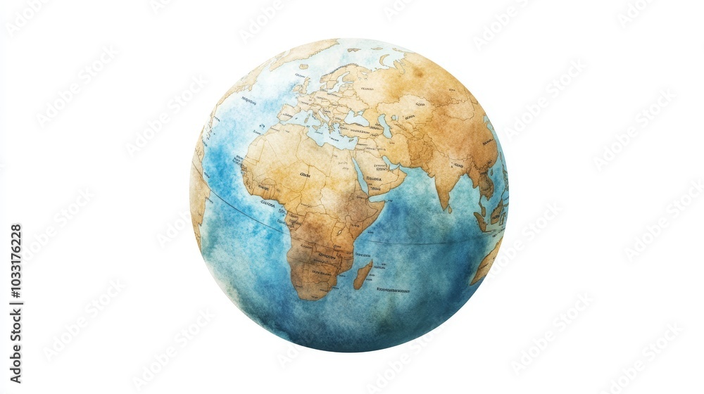 Watercolor Globe Illustration with Continents and Oceans Watercolor Globe Illustration with Continents and Oceans