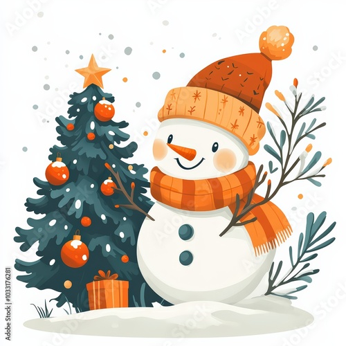 vector illustration Cheerful snowman with a scarf and hat standing by a Christmas tree