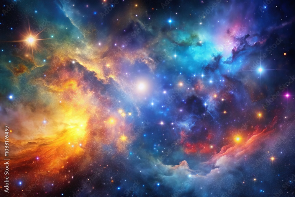 A vibrant and colorful design featuring an explosion of cosmic elements stars galaxies nebulas A vibrant and colorful design featuring an explosion of cosmic elements stars galaxies nebulas