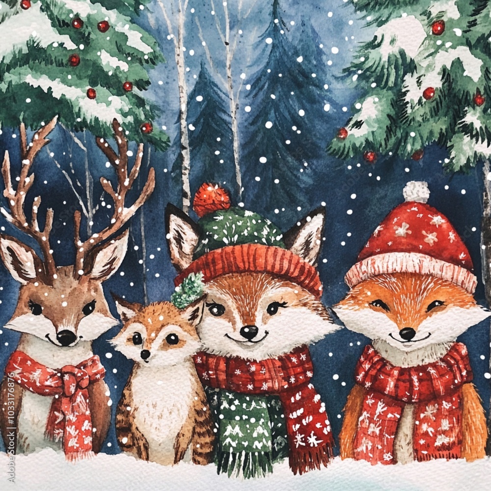 Whimsical watercolor Christmas animals Whimsical watercolor Christmas animals