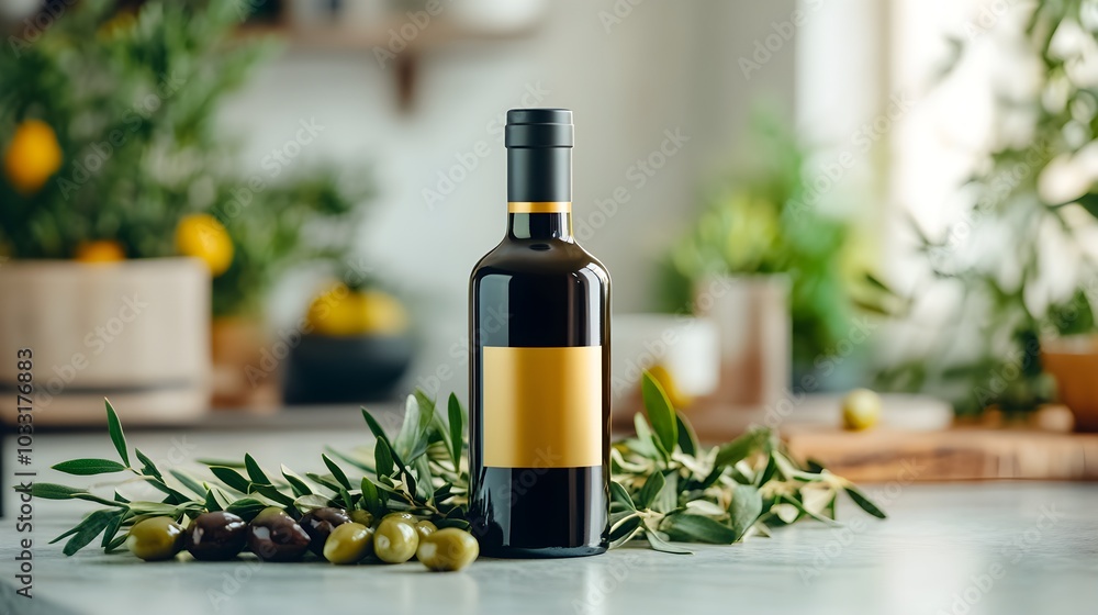 Premium olive oil bottle in dark glass with golden label, surrounded by fresh olives and herbs on a rustic countertop, isolated on white background Premium olive oil bottle in dark glass with golden label, surrounded by fresh olives and herbs on a rustic countertop, isolated on white background