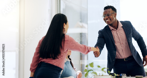 Business people, meeting and happy with handshake in office for welcome, b2b collaboration or contract negotiation. Professional, employees and shaking hands in boardroom for agreement or partnership