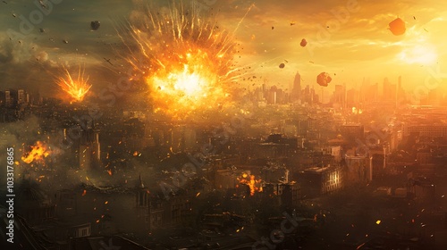 A City Under Siege by Fiery Explosions and Falling Debris