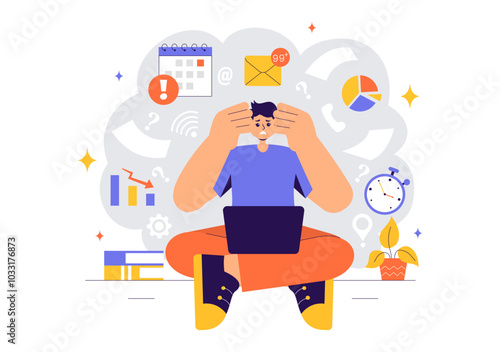 Overloading Vector Illustration of a Busy Employee Multitasking to Complete Numerous Documents and Digital Tasks in a Flat Style Cartoon Background