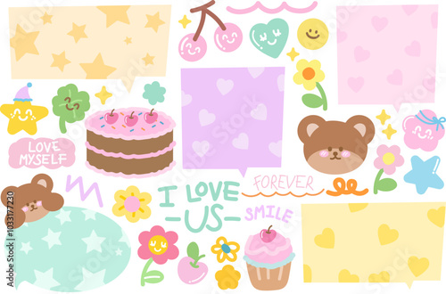 Cute illustrations of teddy bear, birthday cake, cupcake, text bubbles, cherry, heart, flower, clover leaf for cartoon, character, animal, card print, zoo, souvenir shop, sticker set, floral, summer