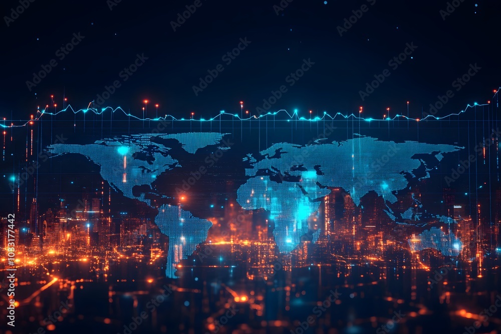 A stock market chart with upward-trending lines, glowing blue and orange against a dark background. The world map is in the foreground, A stock market chart with upward-trending lines, glowing blue and orange against a dark background. The world map is in the foreground,