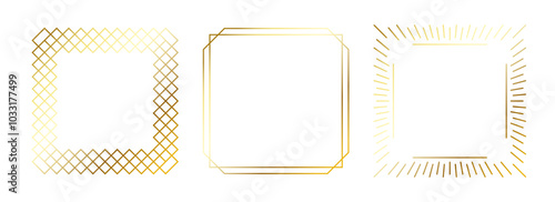 Golden thin frames set. Gold square borders in art deco style. Thin linear radiance rectangular element collection. Yellow glowing shiny boarder pack. Vector bundle for photo, cadre, poster, card