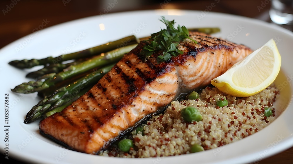 A plate of grilled salmon, served with quinoa, asparagus, and a lemon wedge.
A plate of grilled salmon, served with quinoa, asparagus, and a lemon wedge.