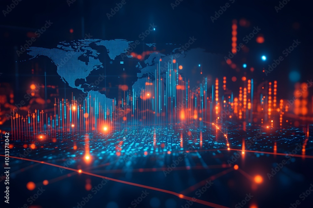 A stock market chart with upward-trending lines, glowing blue and orange against a dark background. The world map is in the foreground, A stock market chart with upward-trending lines, glowing blue and orange against a dark background. The world map is in the foreground,