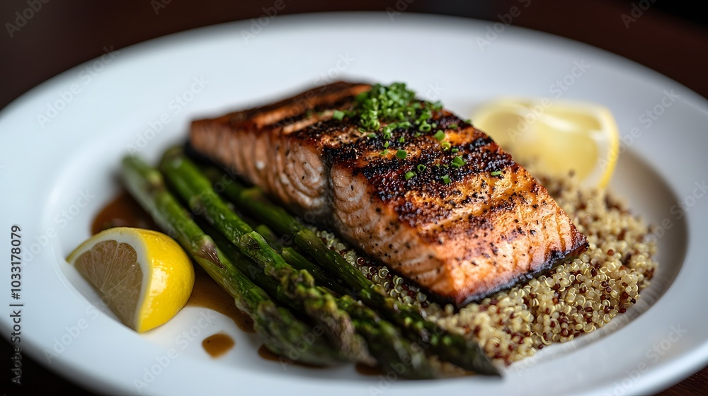 A plate of grilled salmon, served with quinoa, asparagus, and a lemon wedge.
A plate of grilled salmon, served with quinoa, asparagus, and a lemon wedge.
