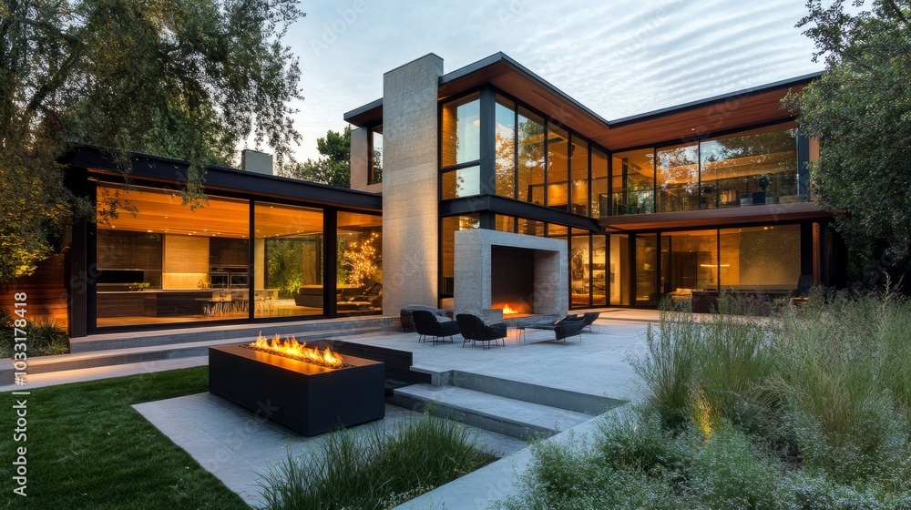 A beautifully designed modern home with oversized windows and a bold geometric facade, showcasing a minimalist garden with a sleek outdoor fireplace. A beautifully designed modern home with oversized windows and a bold geometric facade, showcasing a minimalist garden with a sleek outdoor fireplace.