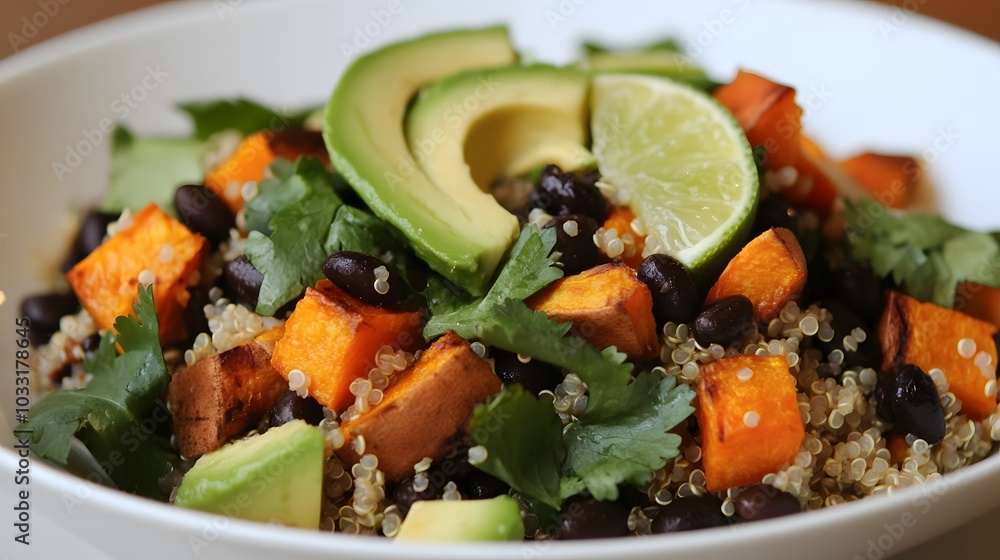 A quinoa salad, mixed with roasted sweet potatoes, avocado, black beans, and a tangy lime dressing.
A quinoa salad, mixed with roasted sweet potatoes, avocado, black beans, and a tangy lime dressing.