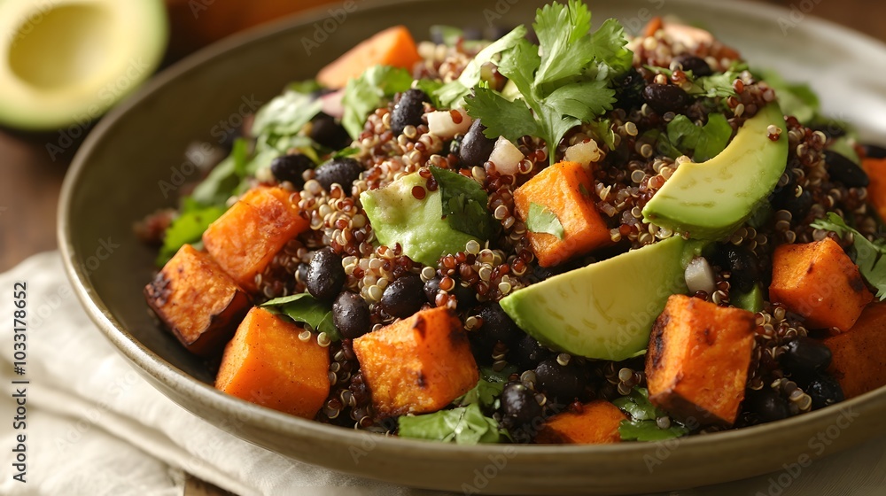A quinoa salad, mixed with roasted sweet potatoes, avocado, black beans, and a tangy lime dressing.
A quinoa salad, mixed with roasted sweet potatoes, avocado, black beans, and a tangy lime dressing.