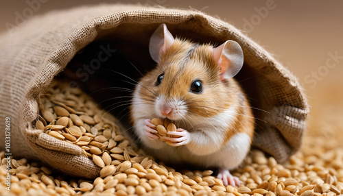 A tiny rodent, resembling a packrat, delicately nibbles on seeds from a sack of grains, its soft fur and curious gaze reminding us of the diversity of the muroidea family, from playful hamsters to fi