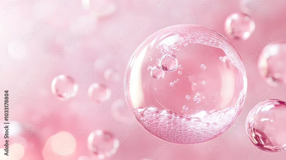 A Large Transparent Bubble with Smaller Bubbles Floating in a Pink Liquid A Large Transparent Bubble with Smaller Bubbles Floating in a Pink Liquid