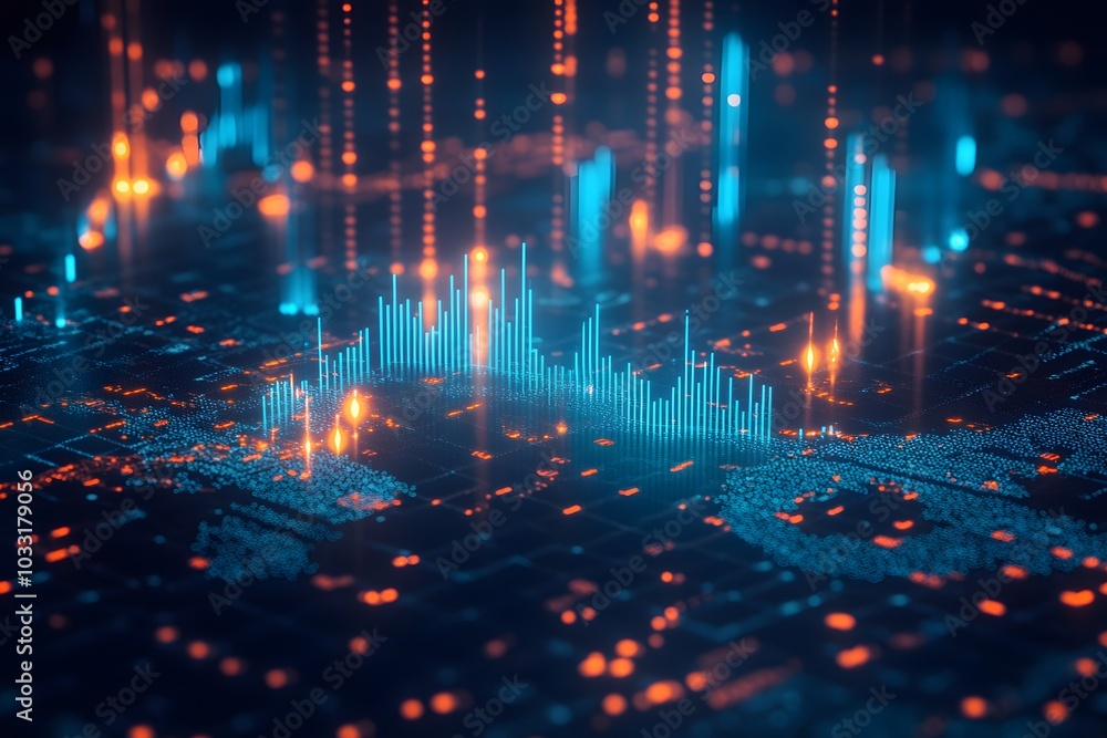 Naklejka premium A stock market chart with upward-trending lines, glowing blue and orange against a dark background. The world map is in the foreground,
