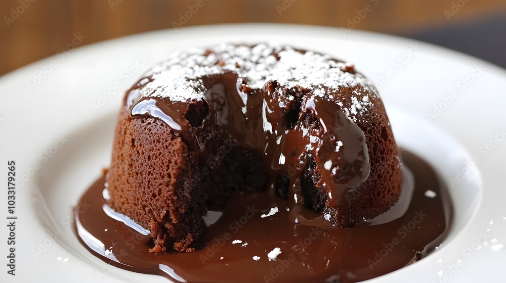A rich molten lava cake, with a gooey chocolate center oozing out as you cut into it.
A rich molten lava cake, with a gooey chocolate center oozing out as you cut into it.