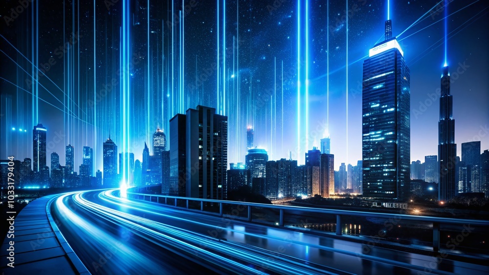 Fototapeta premium Vertical Glowing Blue Tech Line in Night Photography for Futuristic Aesthetics