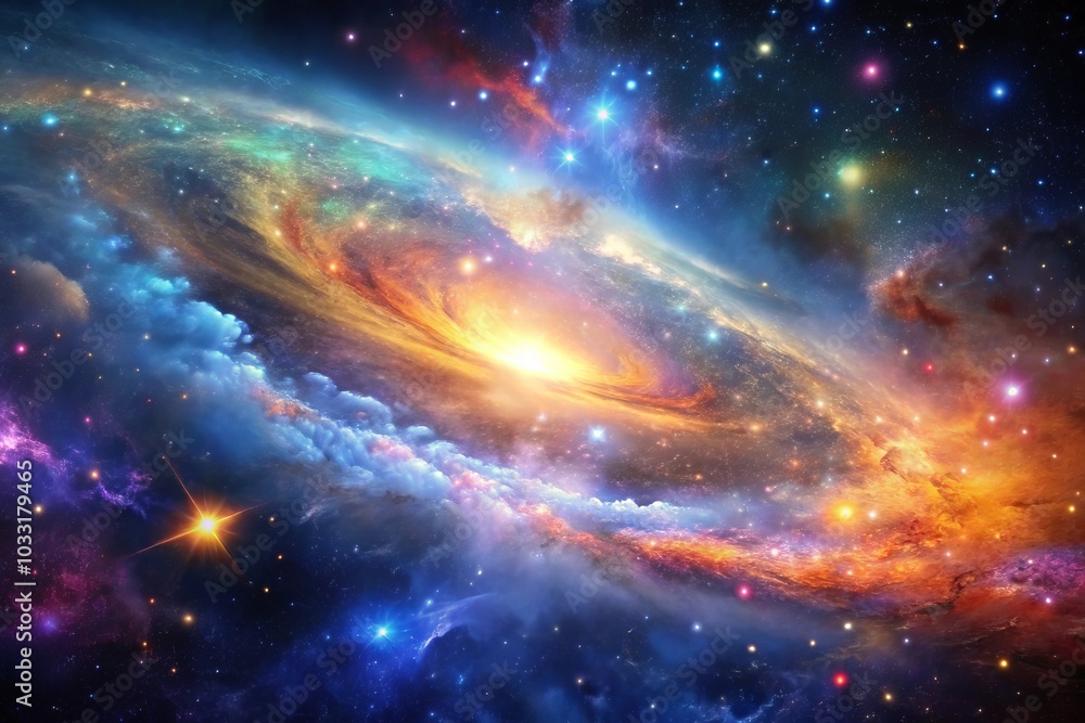 Fototapeta premium A vibrant and colorful design featuring an explosion of cosmic elements stars galaxies nebulas