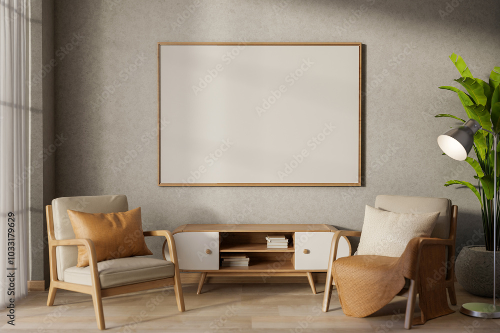 A contemporary living room features armchairs and a cabinet, with a large picture frame on the wall. A contemporary living room features armchairs and a cabinet, with a large picture frame on the wall.