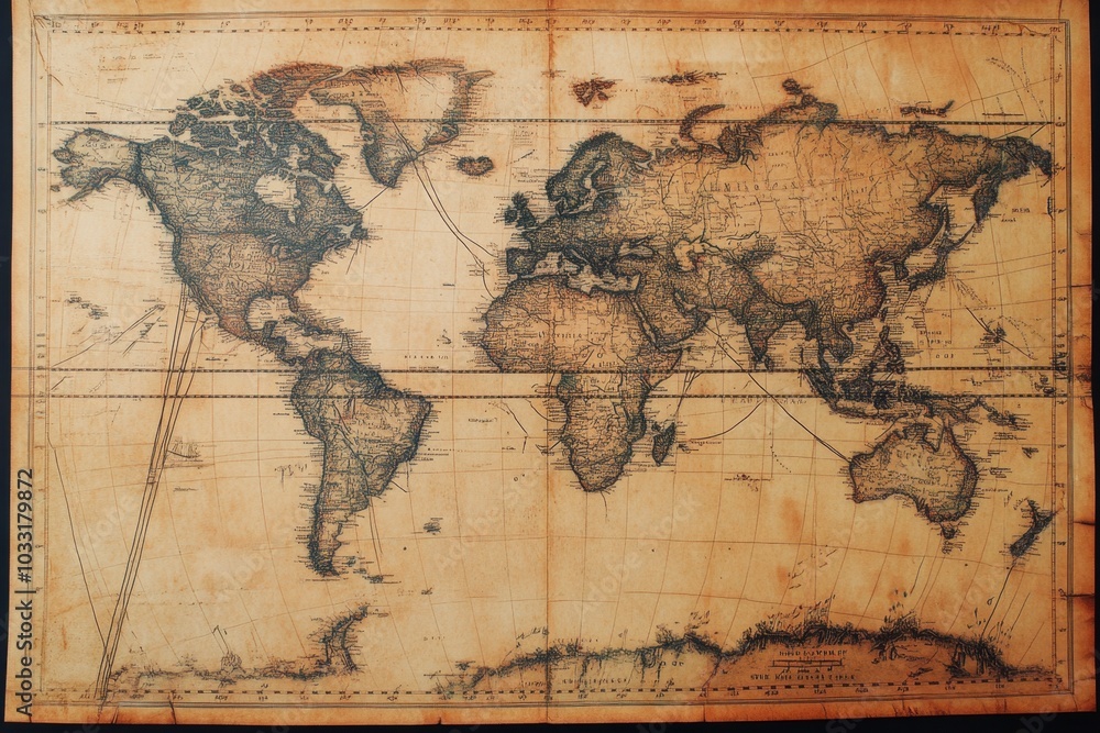 Obraz premium A historical world map showing the trade routes and exploration paths of famous explorers, tracing the history of global connections and discoveries