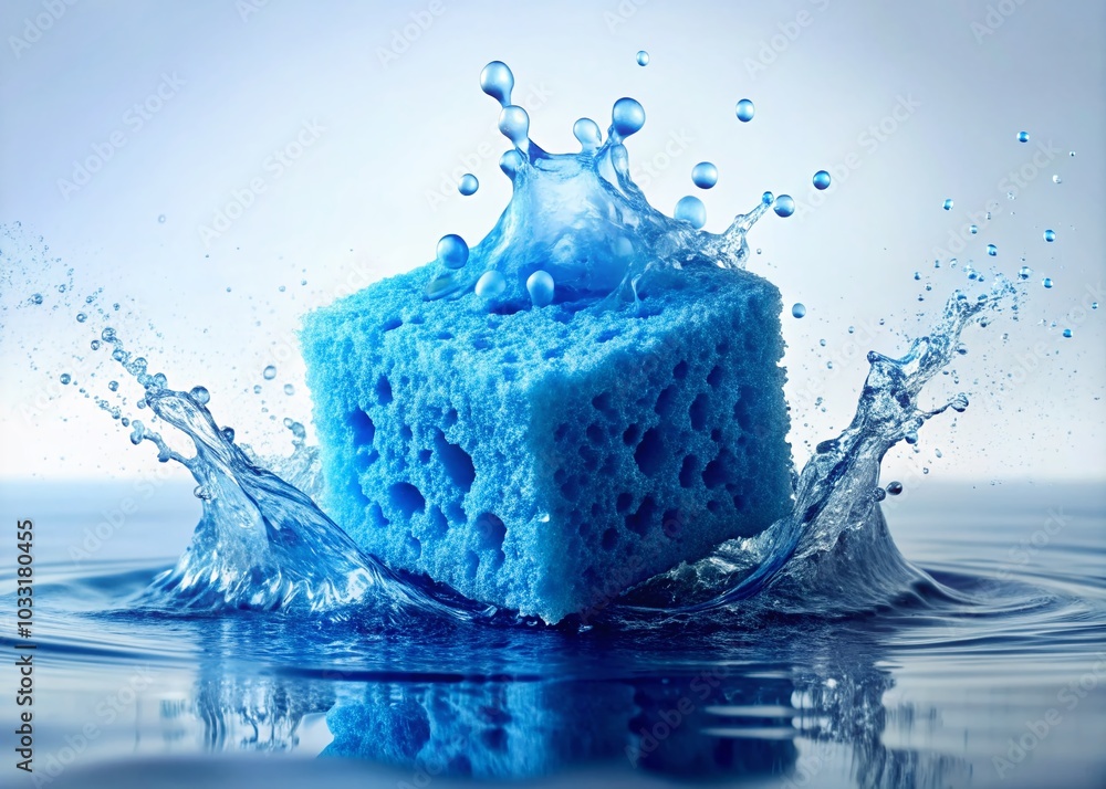 Vibrant Blue Sponge with Water Splash on White Background for Stunning Landscape Photography Vibrant Blue Sponge with Water Splash on White Background for Stunning Landscape Photography