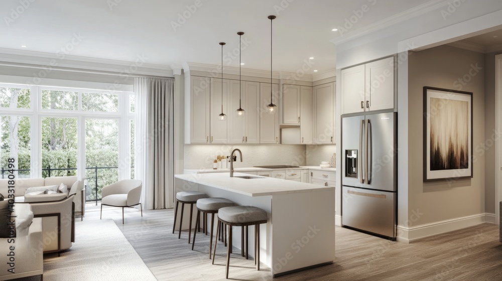 A spacious kitchen with sleek white cabinetry and ambient lighting providing a warm glow, enhancing the smart storage features. A spacious kitchen with sleek white cabinetry and ambient lighting providing a warm glow, enhancing the smart storage features.