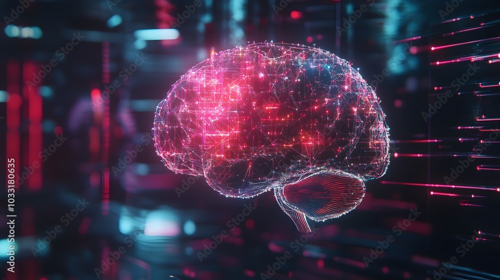 A Wireframe Representation of the Human Brain Glowing with Red and Blue Light A Wireframe Representation of the Human Brain Glowing with Red and Blue Light
