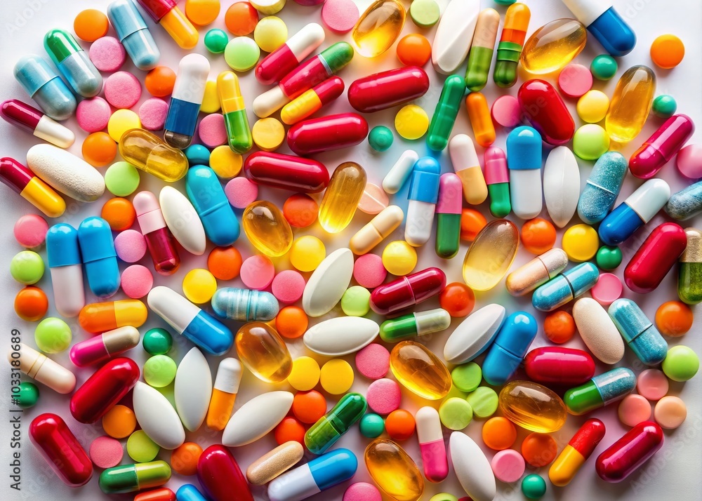 Vibrant Colorful Pills on White Background - Health and Wellness Stock Photo Vibrant Colorful Pills on White Background - Health and Wellness Stock Photo