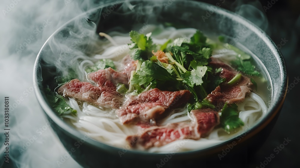 A steaming bowl of Vietnamese pho, with rice noodles, fresh herbs, and slices of beef.
A steaming bowl of Vietnamese pho, with rice noodles, fresh herbs, and slices of beef.