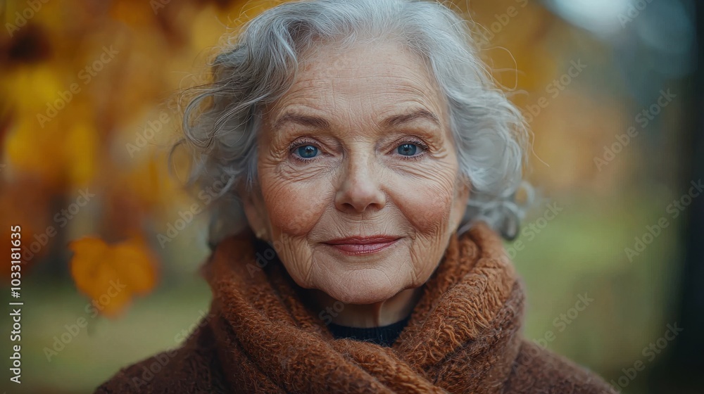 Elderly woman smiling warmly in a cozy scarf surrounded by autumn foliage during daytime Elderly woman smiling warmly in a cozy scarf surrounded by autumn foliage during daytime