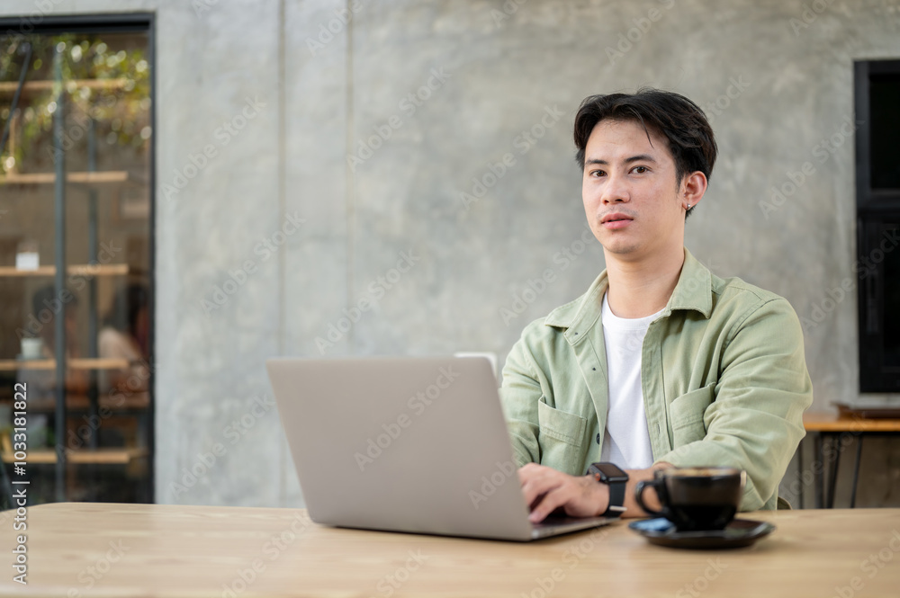 Fototapeta premium A handsome Asian man is sitting at a table in a modern loft coffee shop with his laptop.