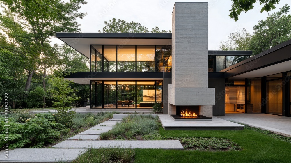 Front view of a contemporary suburban house with dramatic geometric shapes and oversized windows overlooking a minimalist garden with a fireplace. Front view of a contemporary suburban house with dramatic geometric shapes and oversized windows overlooking a minimalist garden with a fireplace.