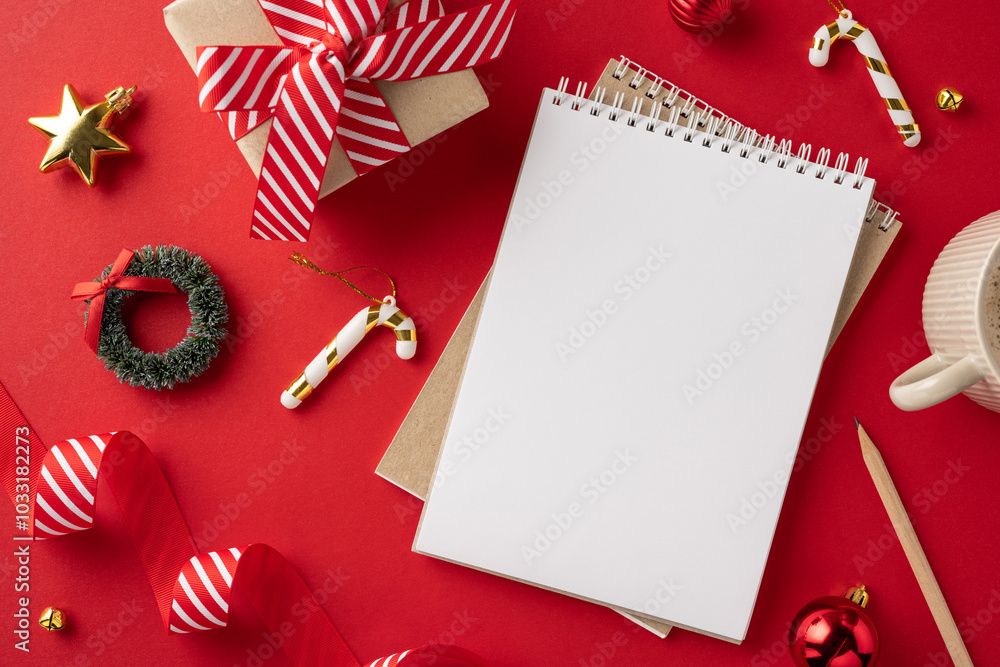 Top view of a notepad surrounded by Christmas decorations and gift wrapping on a vibrant red background Top view of a notepad surrounded by Christmas decorations and gift wrapping on a vibrant red background