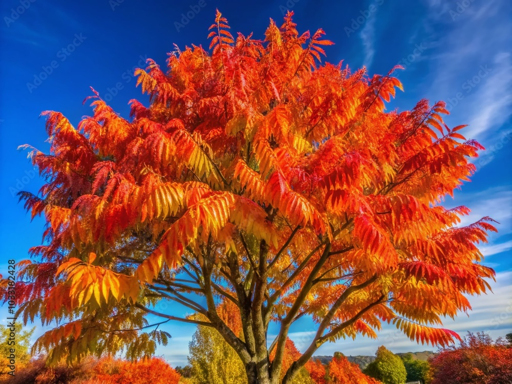 Vibrant Orange Leaves on Rhus Typhina Sumac Tree in Autumn Panoramic View Vibrant Orange Leaves on Rhus Typhina Sumac Tree in Autumn Panoramic View