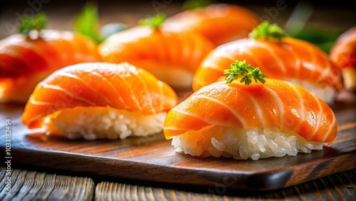 Vibrant Orange Salmon Sushi on Rice - Culinary Art and Freshness Captured in Tilt-Shift Photography