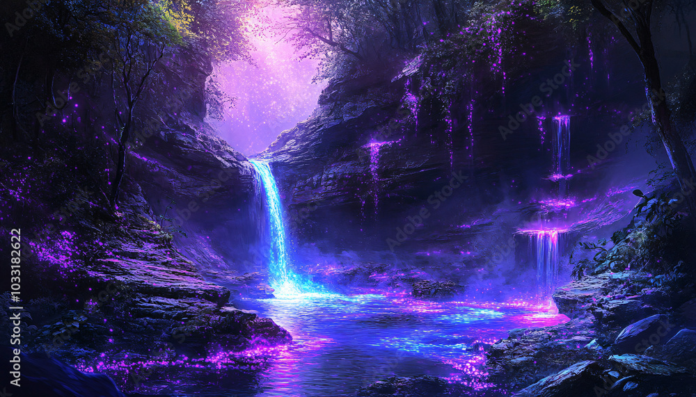 Fototapeta premium A narrow canyon filled with glowing fog that shifts between hues of neon purple, blue, and pink