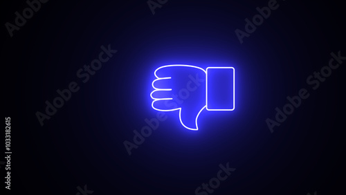 Glowing blue neon social media dislike button symbol. Neon thumb down sign icon