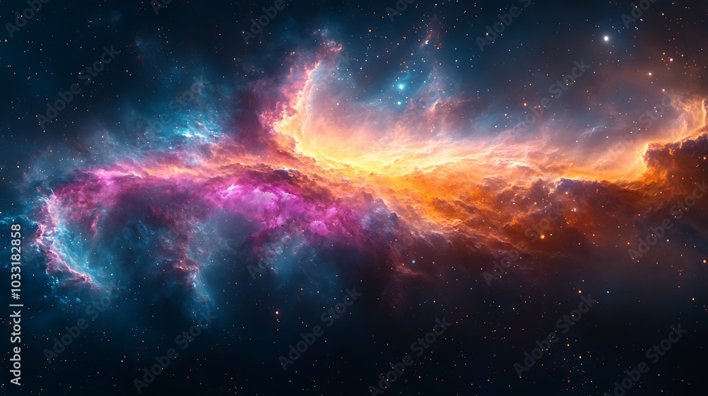 A vibrant nebula with hues of pink, orange, and blue against a backdrop of twinkling stars. A vibrant nebula with hues of pink, orange, and blue against a backdrop of twinkling stars.