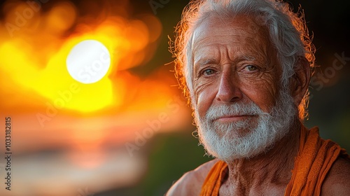 Elderly man with gray beard and orange robe enjoys the sunset by the beach, capturing the essence of peace and tranquility